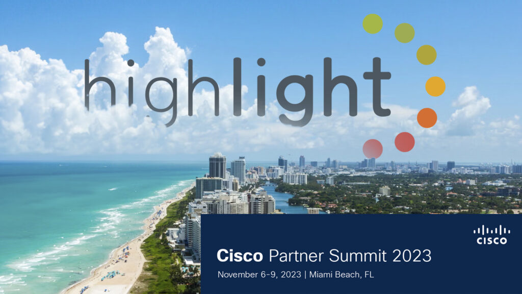 A panoramic view of Miami beach with a giant Highlight logo floating in the distance, covered behind bits of cloud.