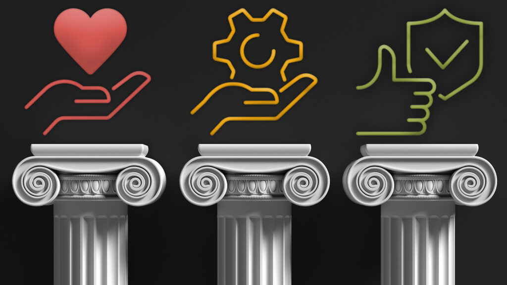 An image of three greek-style pillars set against a dark grey background. Icons representing honest, reliability and competency sit atop the pillars.
