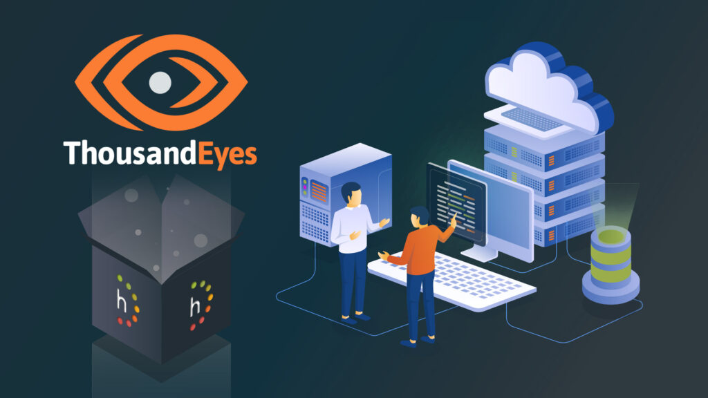 An abstract image depicting the ThousandEyes logo floating over an open Highlight box, representing the integration of ThousandEyes into the Highlight platform.