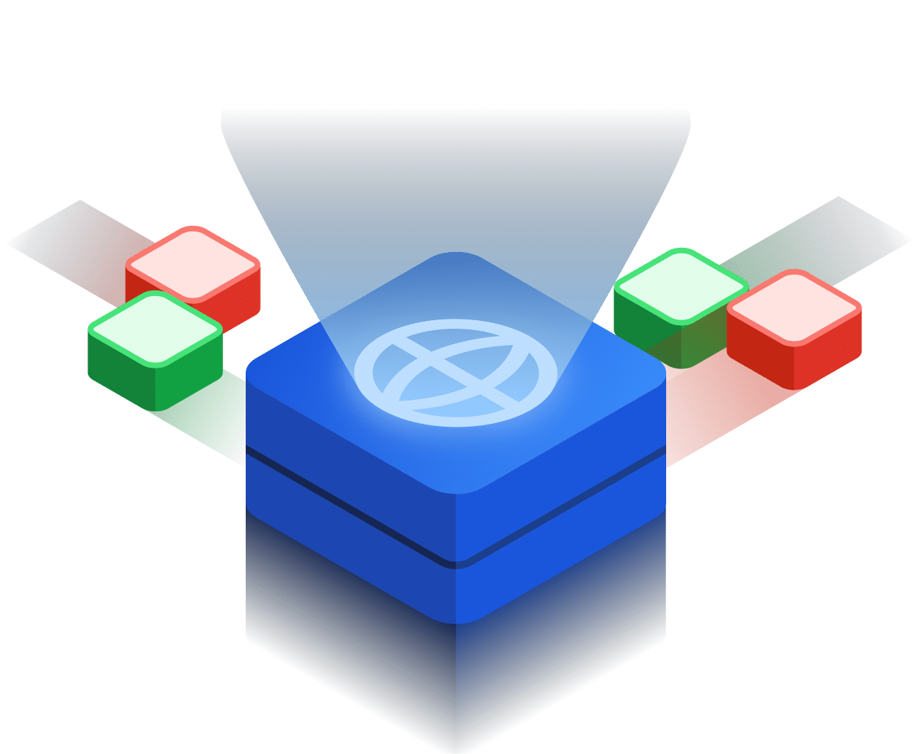 Illustration of a data processing unit or data center, receiving and processing incoming data packets represented by red and green cubes