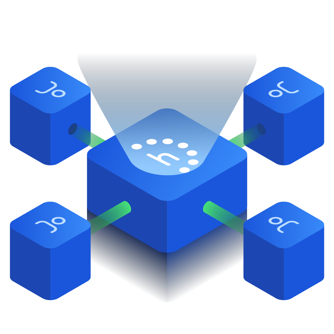 secure-multi-tenancy Illustration of a central blue cube with a white circular symbol, connected to four surrounding smaller blue cubes via glowing green lines, representing a multi-tenant system or data hub