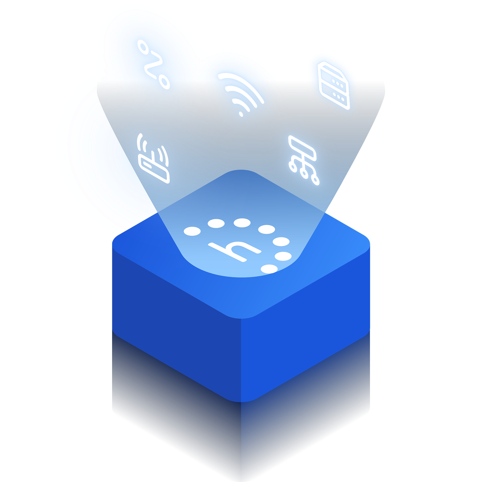 multi-vendor-networks Illustration of a central blue cube projecting glowing icons upward, including symbols for wireless connectivity, network infrastructure, and devices, representing integration with multi-vendor networks