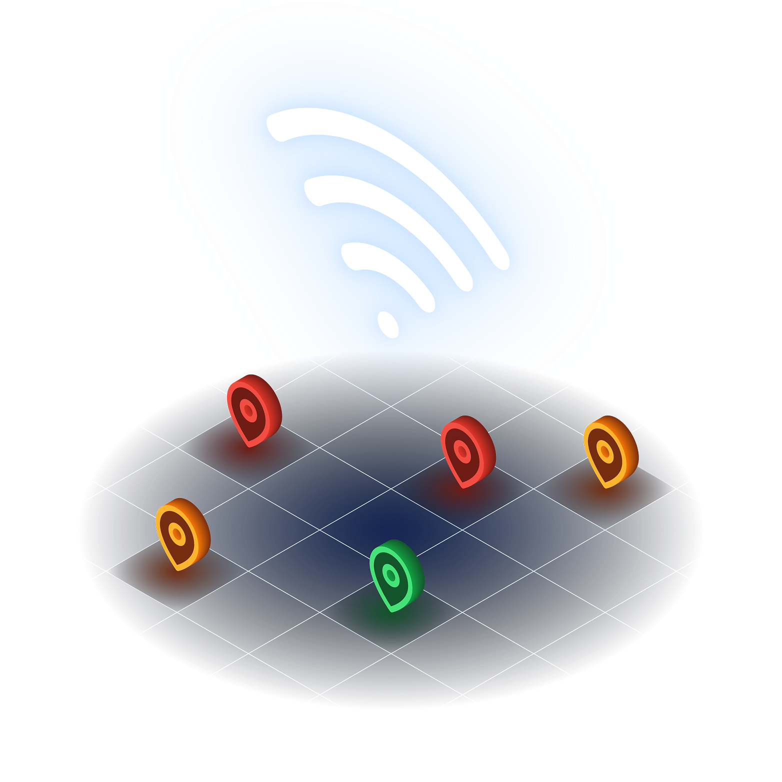 wifi-locations Wireless signal icon above a grid with coloured location markers