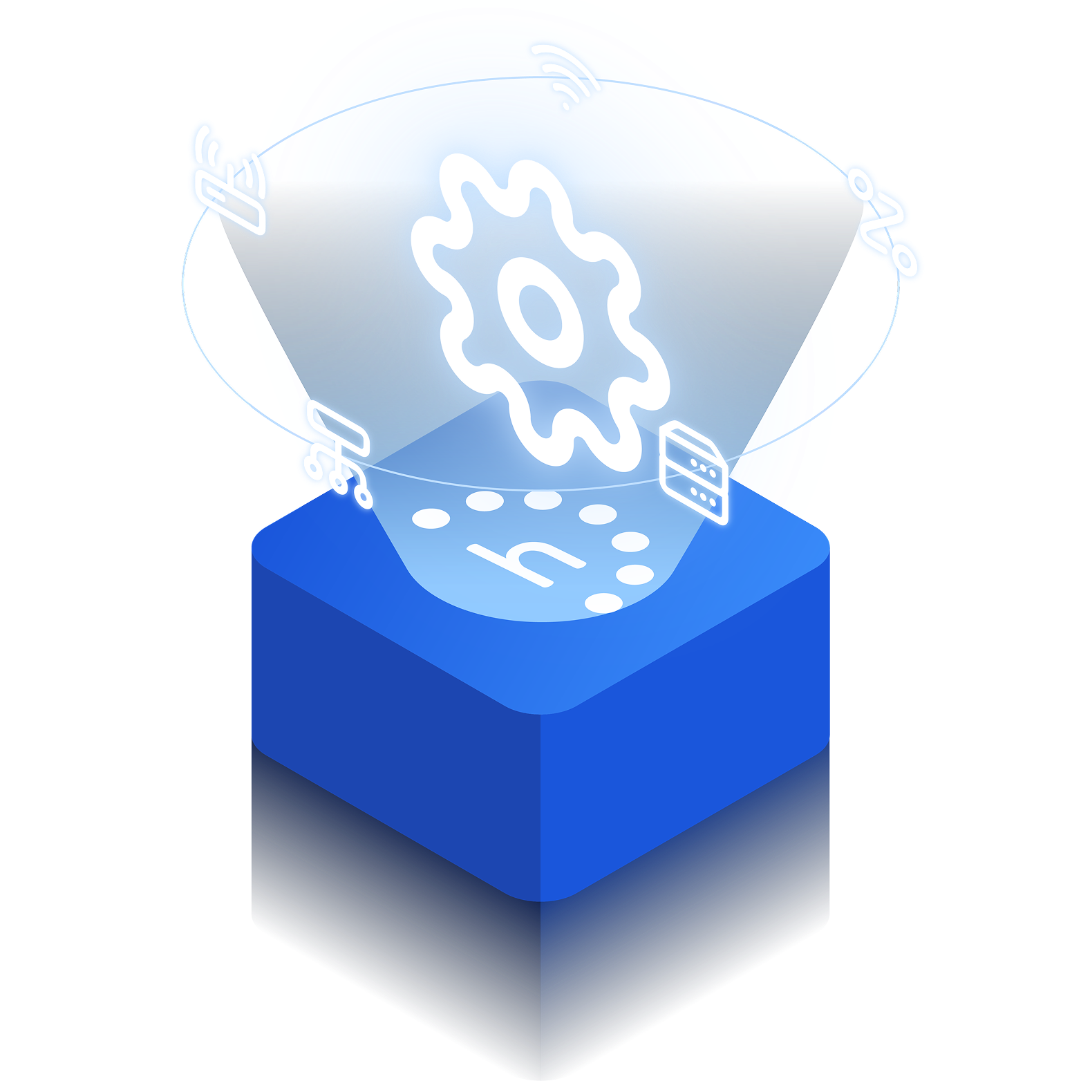 integrations Isometric cube projecting a glowing gear surrounded by orbiting vendor and technology icons