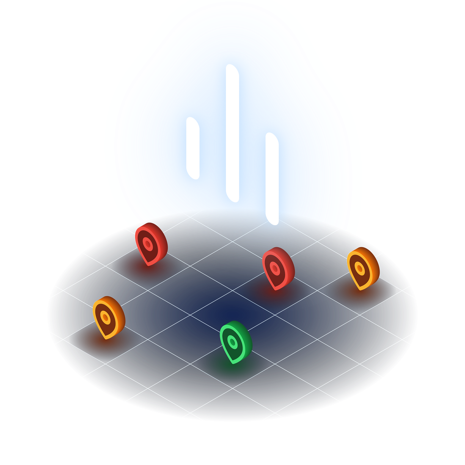 standardised-insights Glowing location pins on a grid with a signal icon above, representing data insights