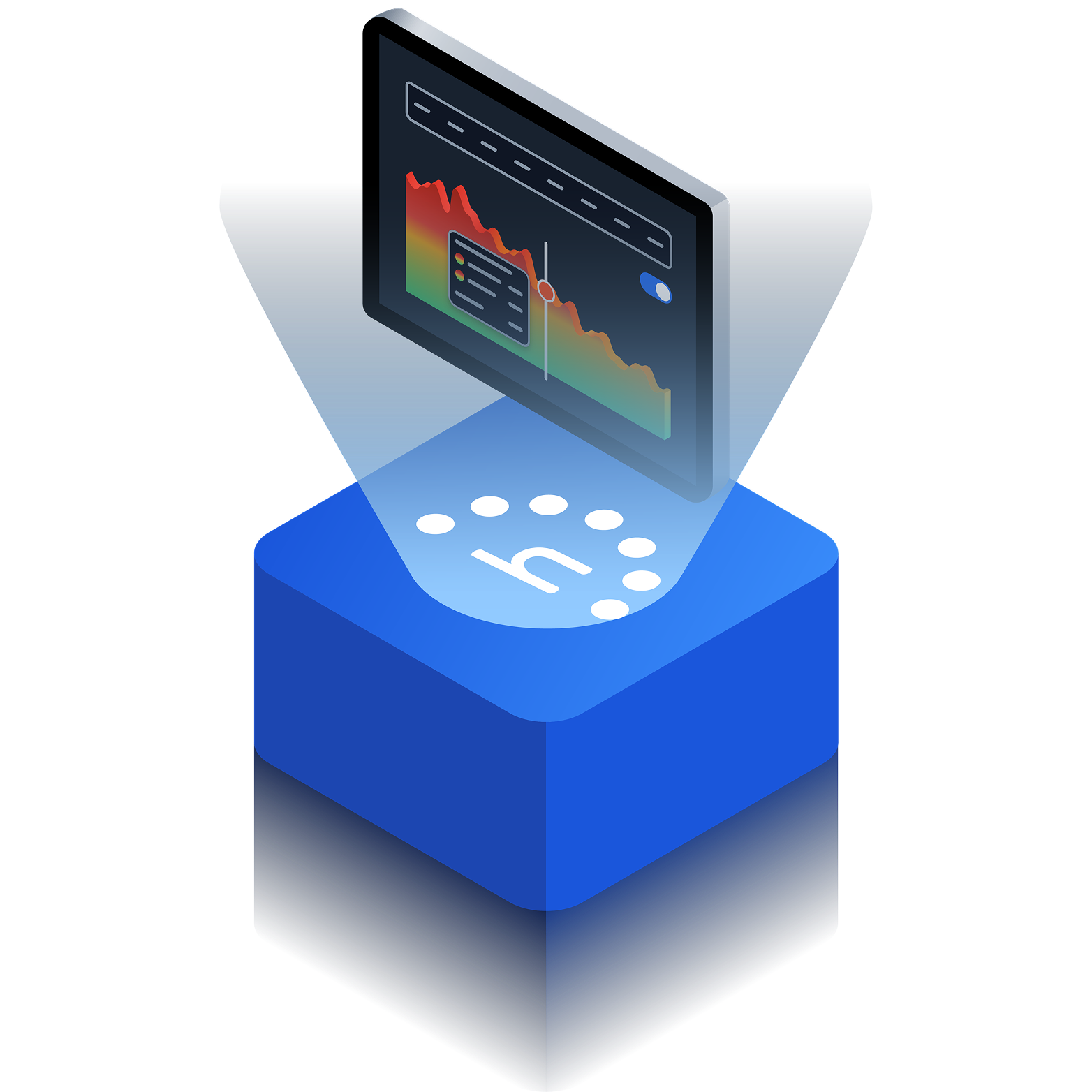 unified-reporting Isometric cube projecting a holographic IT performance dashboard with a time-series graph