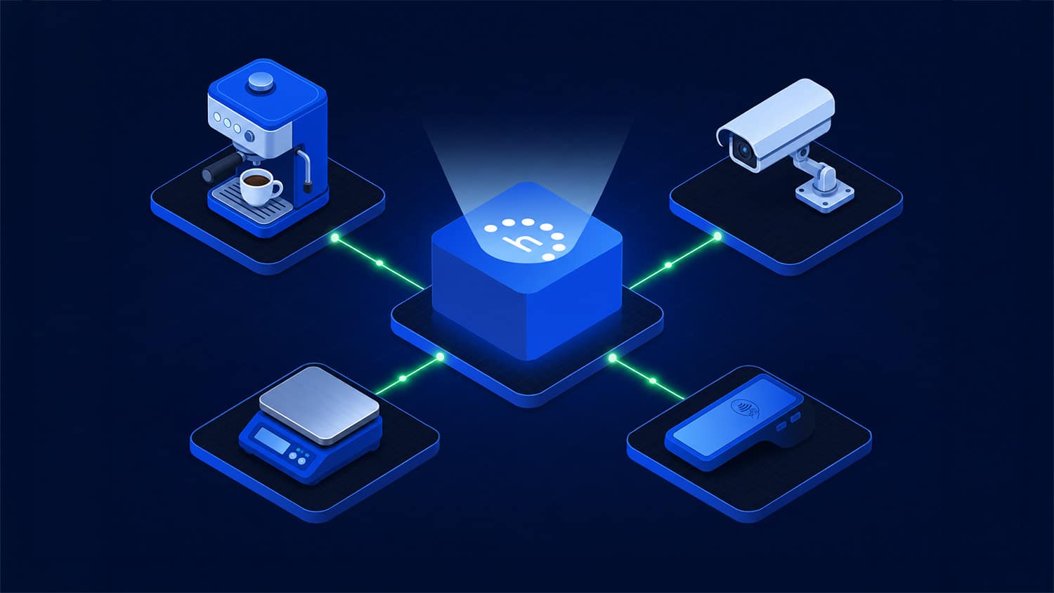 An illustration of multiple IoT devices; a camera, coffee machine, payment terminal and weigh machine - all being monitored by a central Highlight platform.